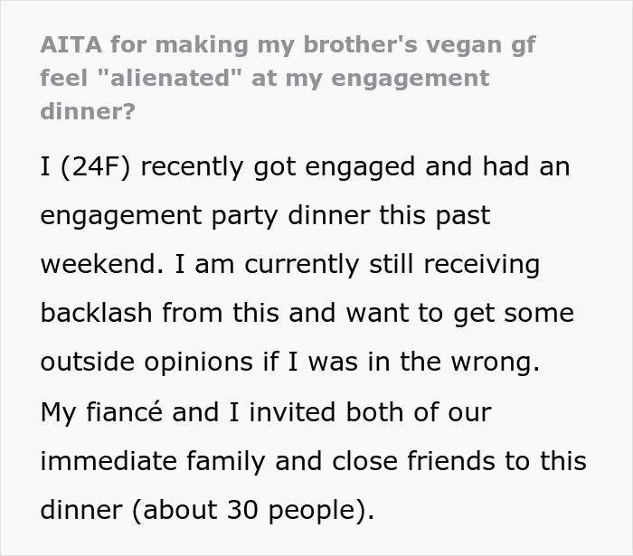 “You Just Assume Because I’m Vegan I Only Eat Salads?”: Sister Under Fire After Not Catering To Brother’s Vegan GF At Her Engagement Dinner “You Just Assume Because I’m Vegan I Only Eat Salads?”: Sister Under Fire After Not Catering To Brother’s Vegan GF At Her Engagement Dinner