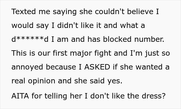 Woman Blocks Fiancé’s Number And Stays At Mom’s House After He Gives An Overly Honest Opinion On Her Wedding Dress