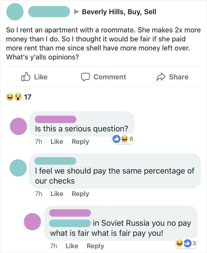 Facebook Cb Wants Roommate To Pay More Rent Because She Makes More