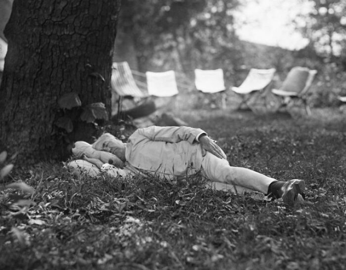 Thomas Edison Captured Taking A Nap While On A Camping Trip With President Harding. Licking Creek, Pennsylvania 1921