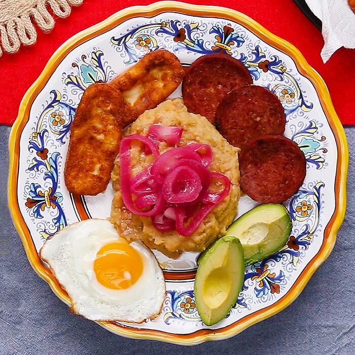 Dominican Republic: "Tripleta" Traditional Breakfast, Plantains, Salami, Fried Cheese & Fried Egg
