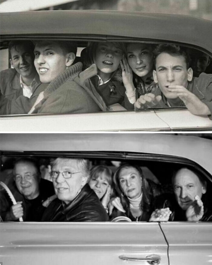 Fans de los Beatles en 1964 y 2013. Ringo Starr tomó la foto superior de la ventana del coche, después de que los amigos de la escuela secundaria faltaron a la escuela para ver a los Beatles durante su primer viaje a los EE.UU. en 1964