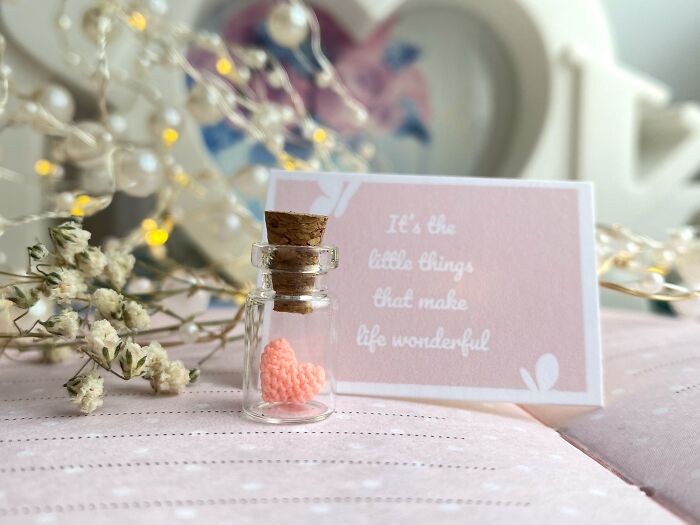 Tiny Crochet Heart In Glass Bottle, Glow In The Dark