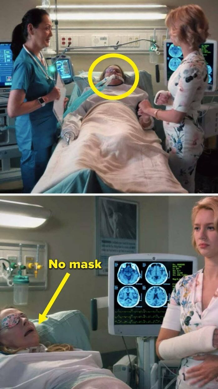 En La virgen de Jane, la madre de Petra está en el hospital con una mascarilla... Excepto que no está ahí en la siguiente toma 