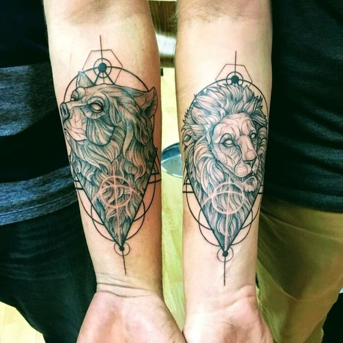 My Twin Brother And I. Lion And Bear Tattoos Done By Christie From Parlour Tricks Tattoo, Colorado