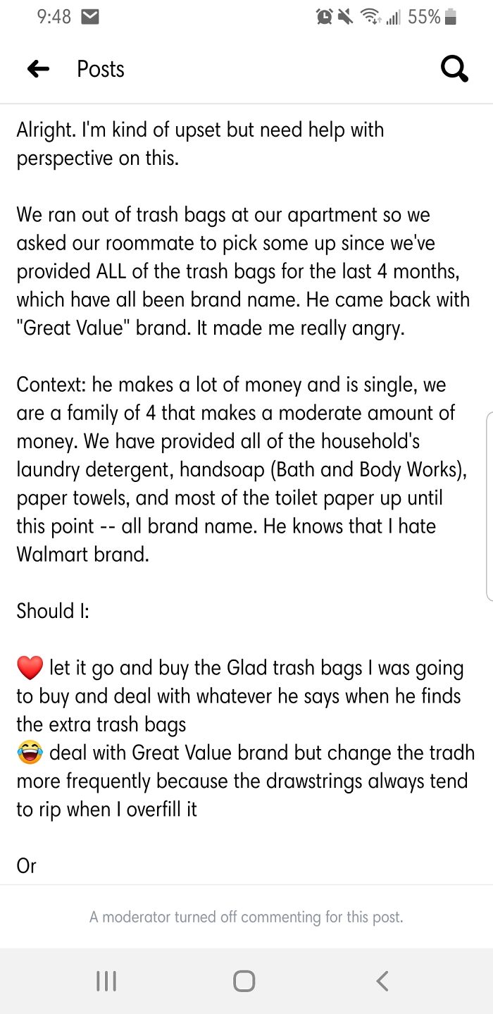 Cb Gets So Mad About Roommate Buying Store Brand Garbage Bags That She Felt The Need To Come To A Fb Group For Advice