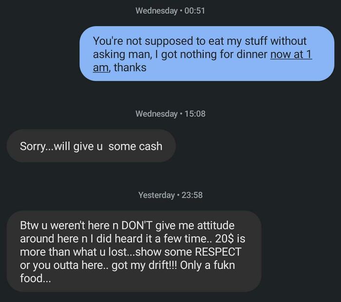 My Landlord/ Roommate's Mood Swings, He Ate My Last Left Breads, Gave Me 20 Bucks And Apologized Next Day, Sent That Annoying Text Day After That