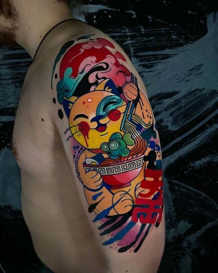 Colorful Maneki-Neko Tattoo By Alcaz Alex Iasi - Romania