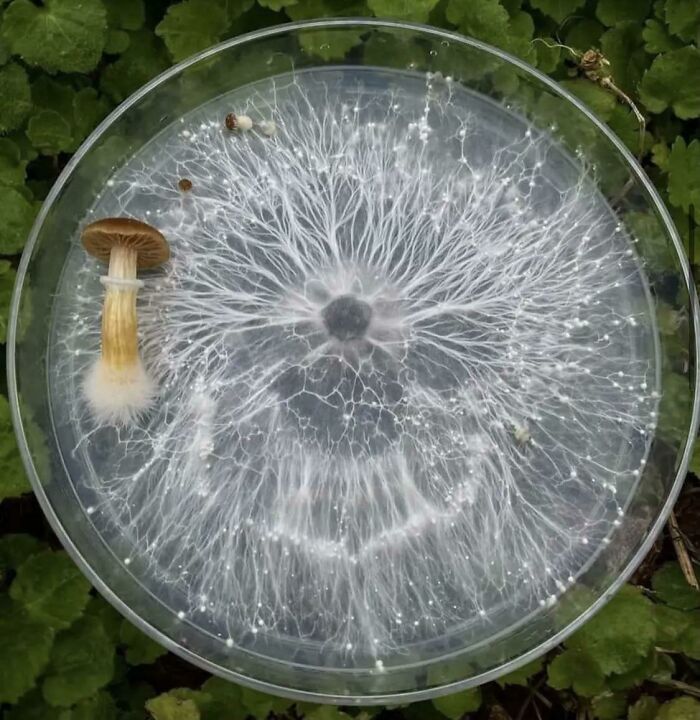 Mushroom Grown In A Petri Bowl On Agar. We Normally Only See The Fruit Of The Mushroom And Not The Actual Essential ”body” Part