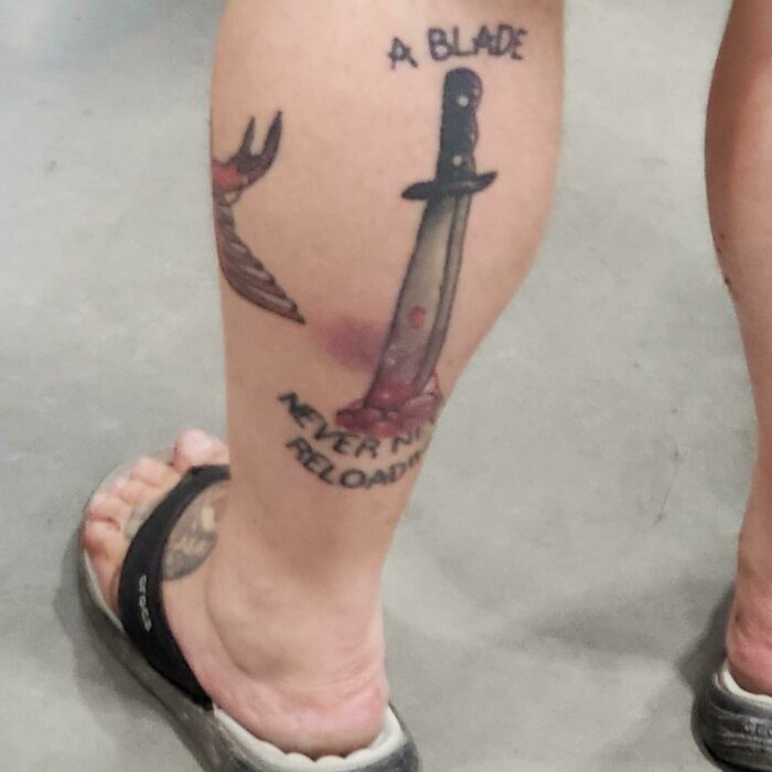 "A Blade Never Needs Reloading" Bloody Tattoo Over Flip-Flops