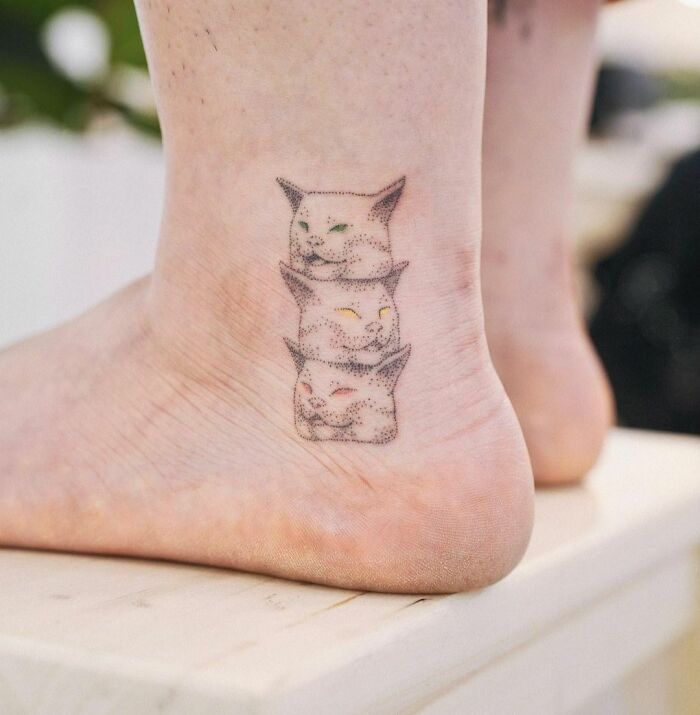 Funny Three Head Cat Tattoo