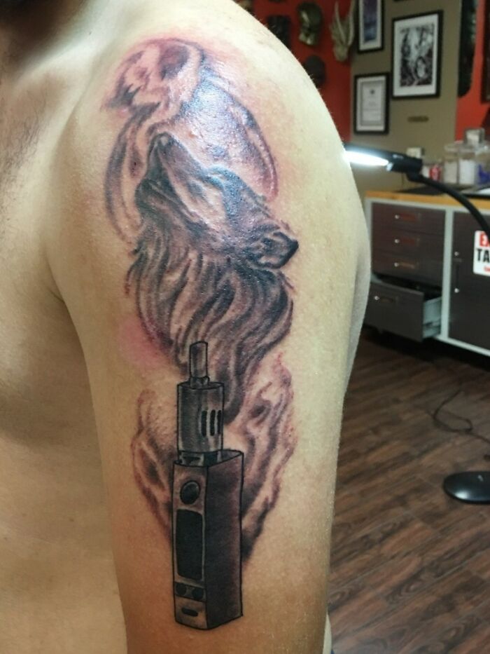 Funny Vapor Wolf Arm Tattoo