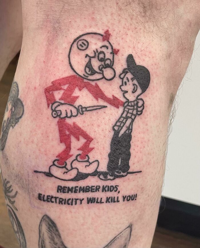 Cartoon tattoo of electric character warning a kid, emphasizing the danger of electricity.