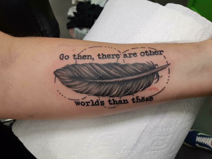 Dark Tower Quote And Feather Done By Petra At Handsome Cabinboy Tattoo In Prince George, BC