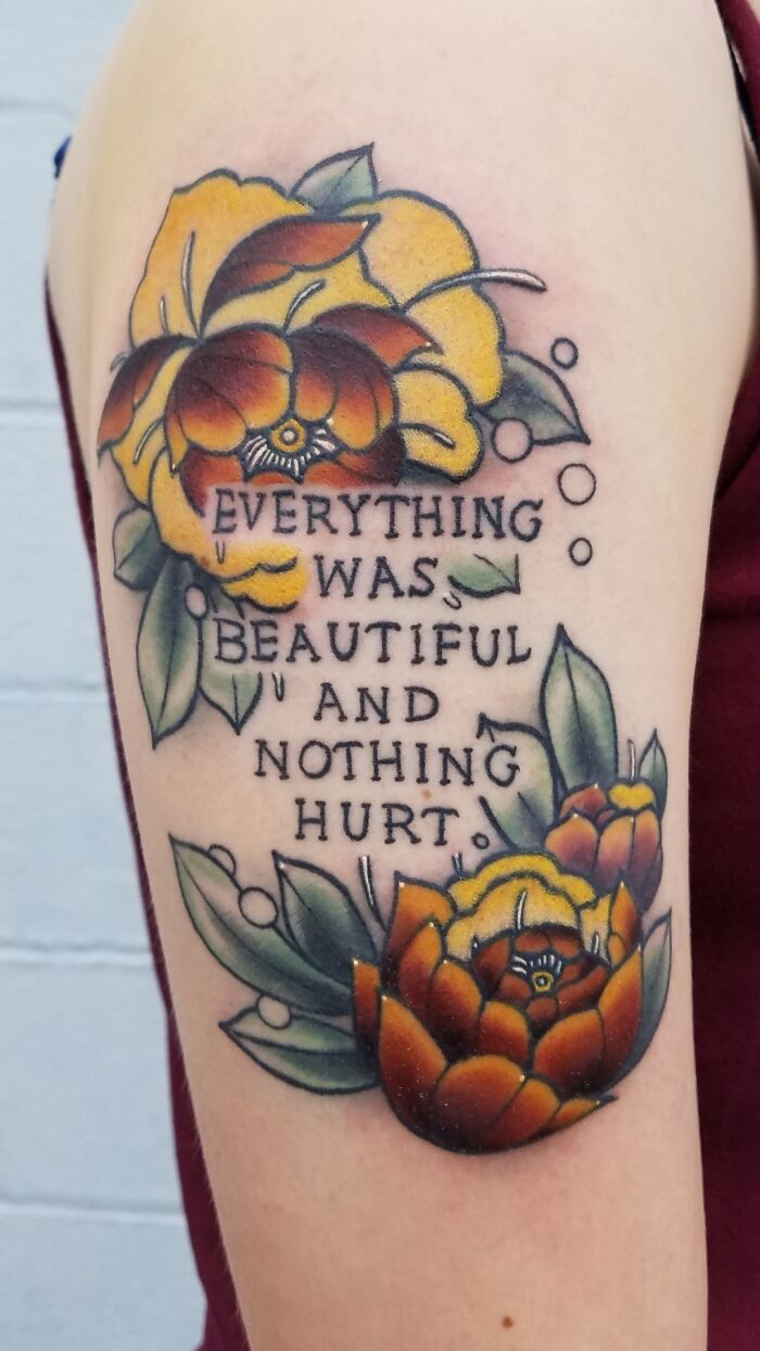  Peonies And My Favorite Literary Quote From Kurt Vonnegut's Slaughterhouse Five. Done By Elise Jensen At Seven Seas Tattoo In Buffalo, NY