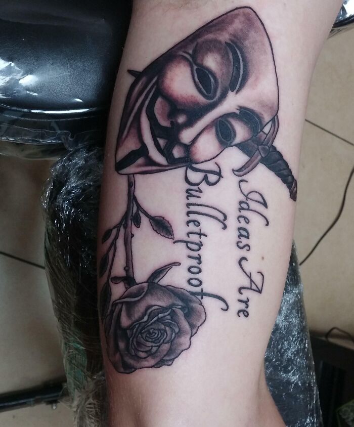 First Tattoo Of Guy Fawkes Mask And Blade And Rose With Quote. Done At All About Ink By Drake. Pensacola, FL