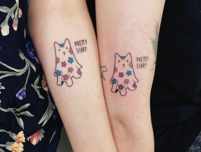 Cute matching floral ghost cat tattoos