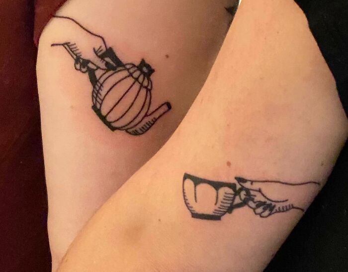 Matching teapot and cup of tea tattoos