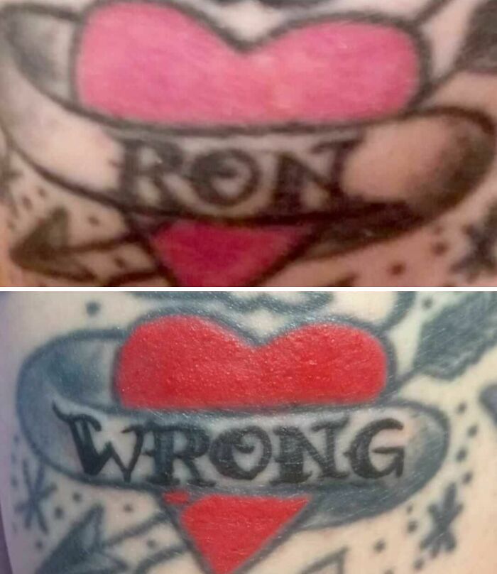 Two tattoos: one says "RON" inside a heart, and the other says "WRONG" with a similar design.