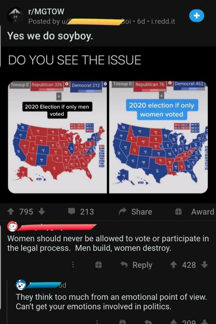 Mgtow: We're Not A Hategroup, We Just Want Equal Rights For Men! Also Mgtow: Women Should Never Be Allowed To Vote Or Participate In The Legal Process. Men Build, Women Destroy