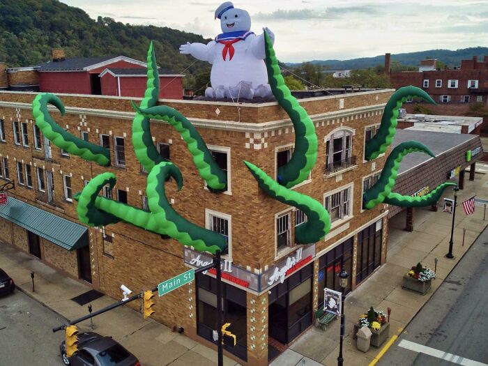A Restaurant Dressed Up For Halloween Ghostbusters Style
