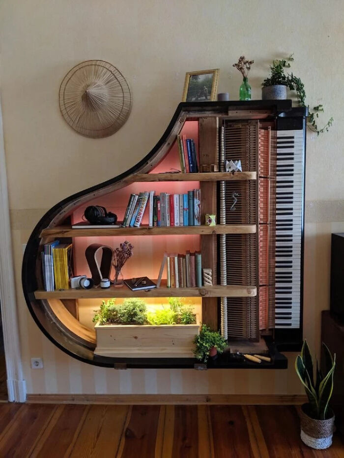 This Baby Grand Piano Repurposed As A Bookshelf