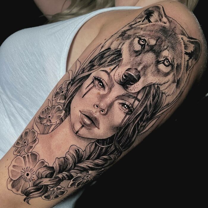 Girl And Wolf Tattoo hand tattoo 