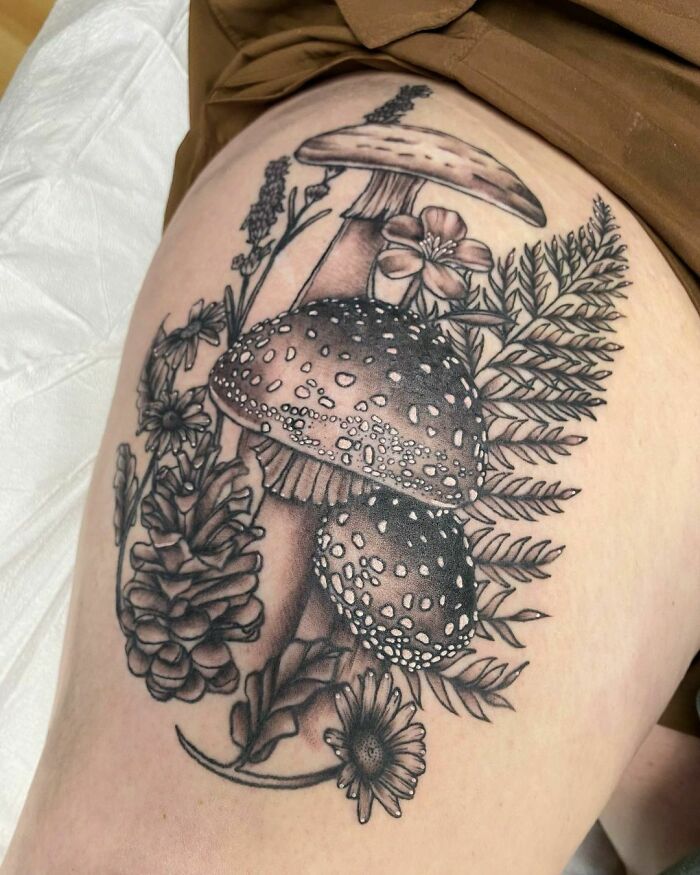 Forest and mushroom leg tattoo 