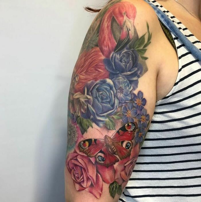 Watercolor flamingo, butterfly and flowers tattoo