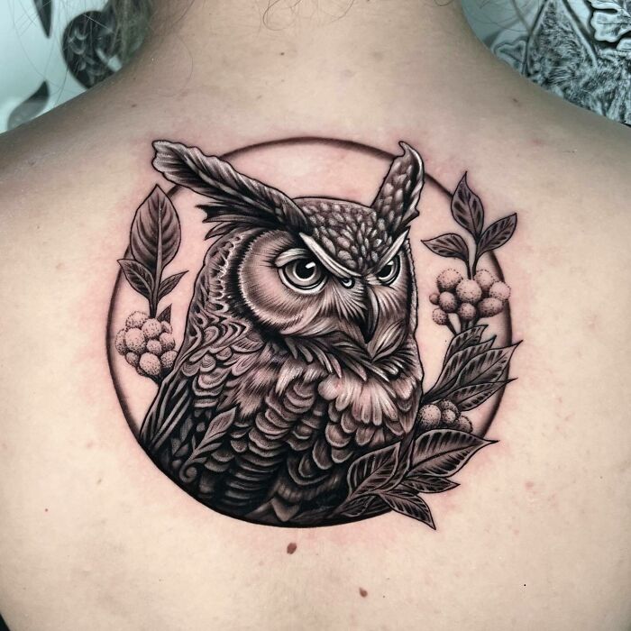 Forest and owl back tattoos 