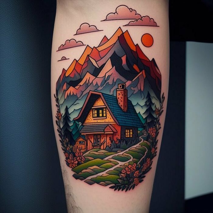 Watercolor tattoo of cabin in the mountains