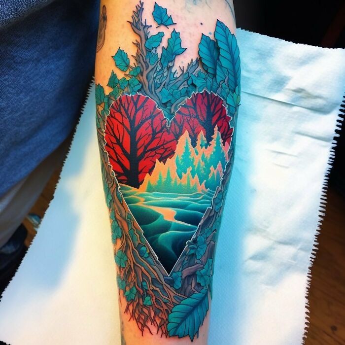 Colorful heart and forrest tattoo