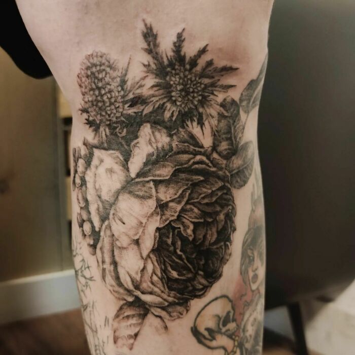 Buttercup Rose With Thistles Tattoo