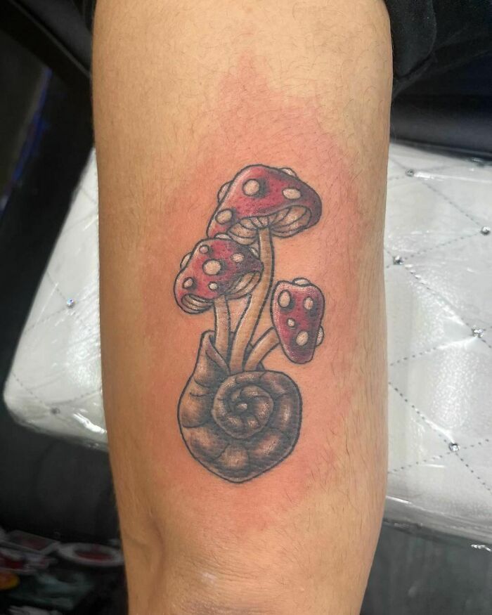 Snail and mushroom leg tattoo 