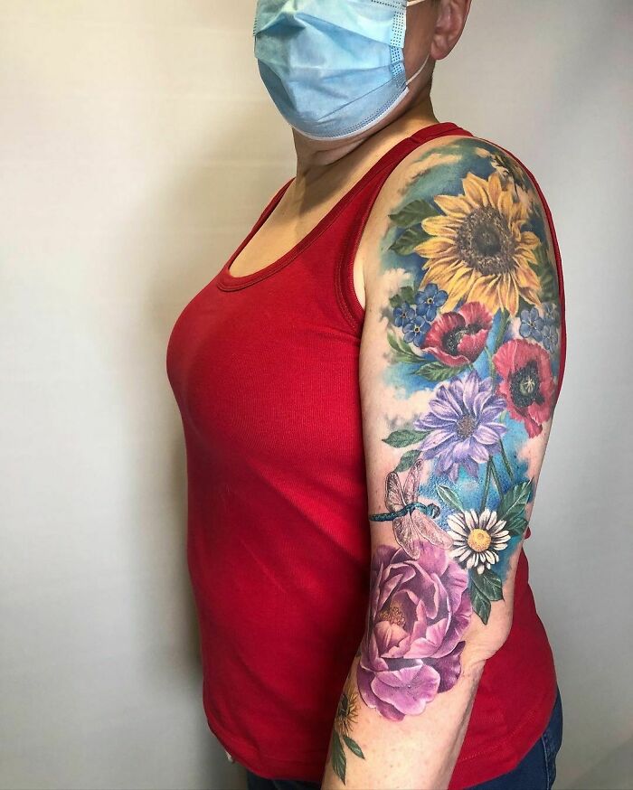 Colorful hand sleeve flower tattoo 