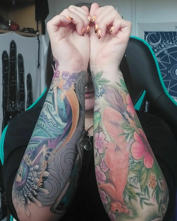 Colorful arm sleeve flower tattoos 