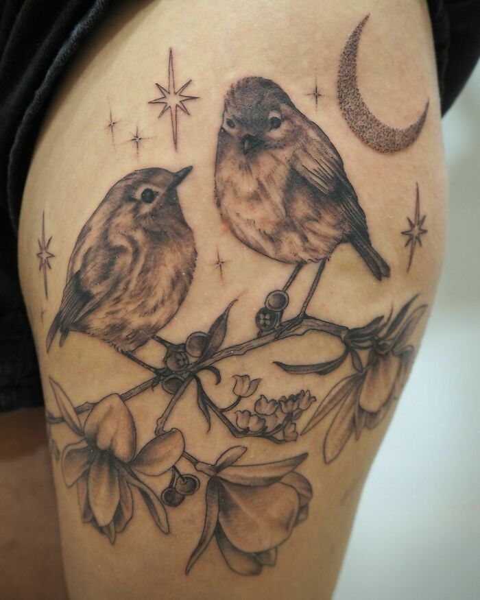 Birds And Berries leg tattoo 