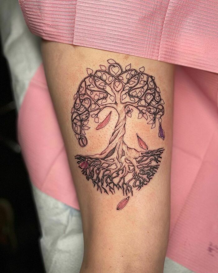 Tree Of Life Tattoo And The Flower Pedals In Color That Represent Her Kids Birth Flowers