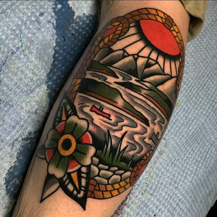 Watercolor lake and mountains tattoo