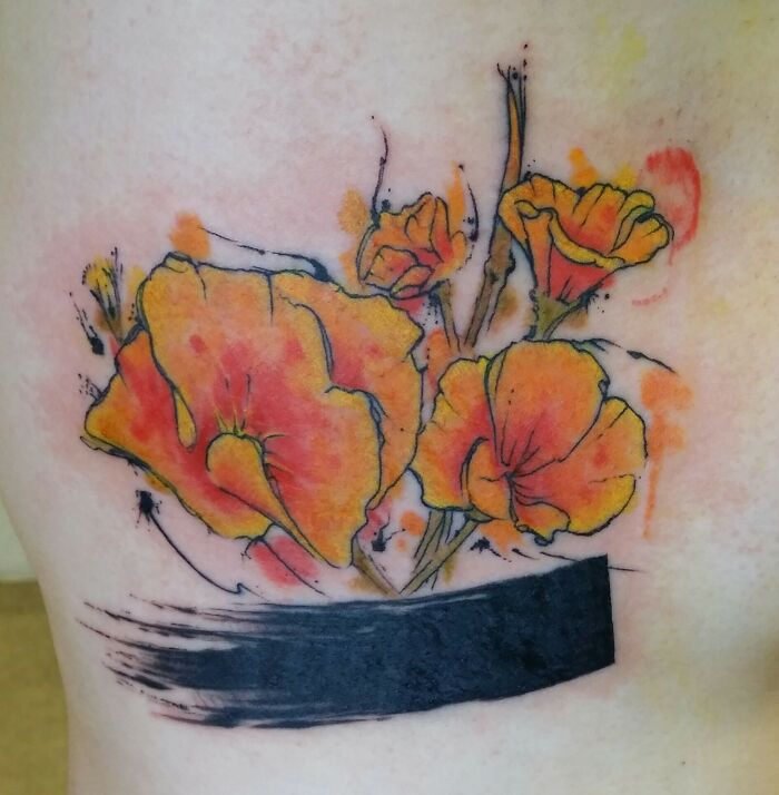 Watercolor Style Poppy Tattoo On Fellow Redditor! By Me, Ben Reiter, At Broken Clover Tattoo, Tucson, AZ