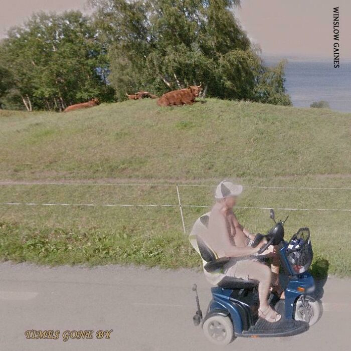 Shirtless Old Man Riding An Electric Scooter Down The Road Past A Cow Sitting On A Hill In Norway (Made Into Fake Album Cover)