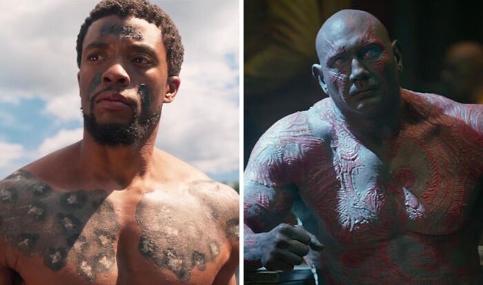 Chadwick Boseman as Black Panther and Dave Bautista as Drax