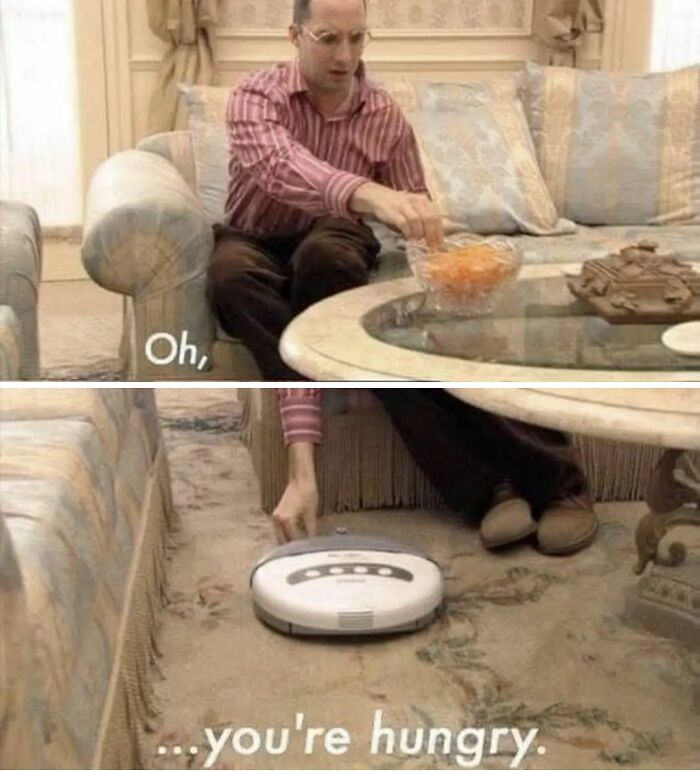 Person feeding a Roomba, referencing a meme that humorously exaggerates interactions best discussed in therapy.