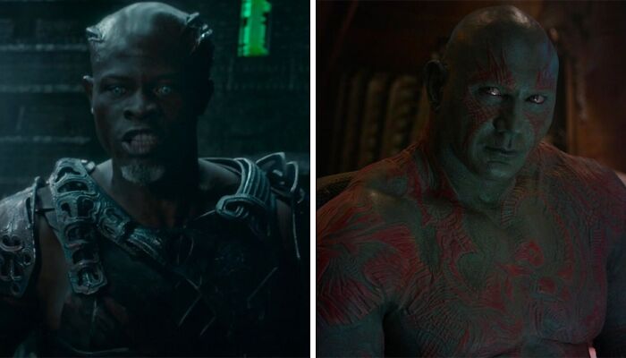 Djimon Hounsou as Korath the Pursuer and Dave Bautista as Drax