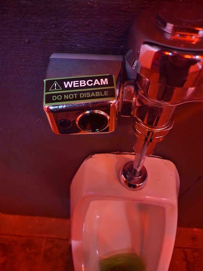 Someone Placed A Webcam Sticker On This Urinals Flush Valve At A Music Venues Bathroom