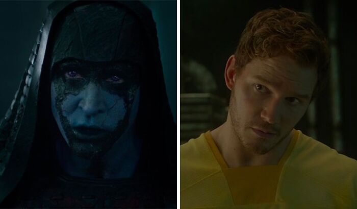 Lee Pace as Ronan and Chris Pratt as Star Lord
