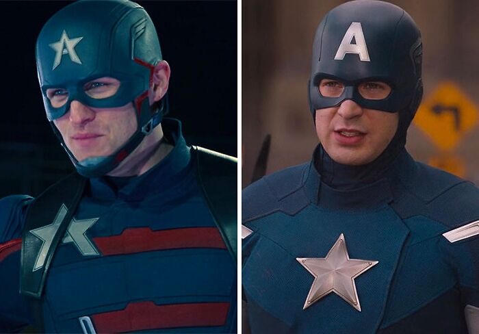 Wyatt Russell as Captain America and Chris Evans as Captain America