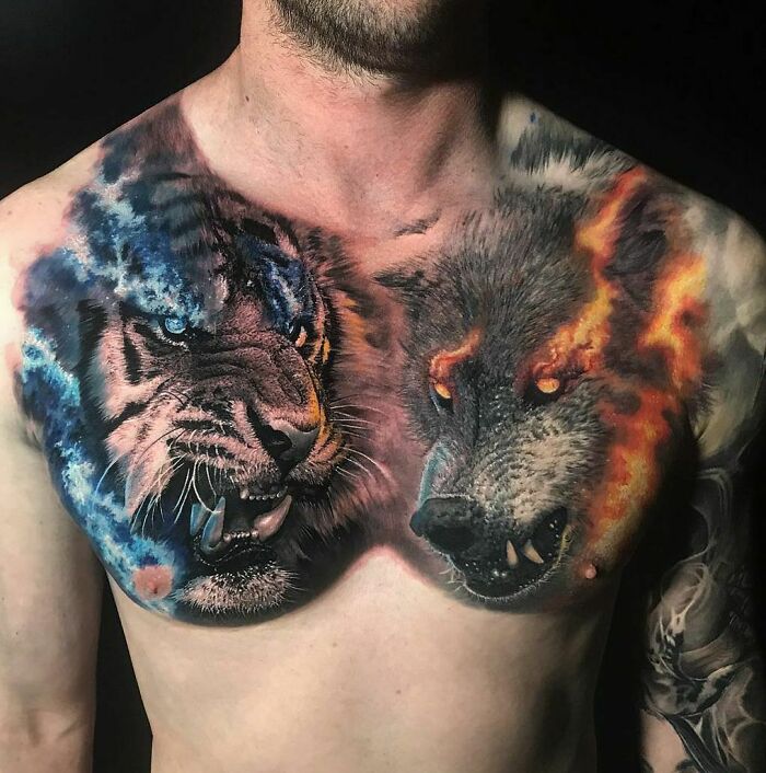 Colorful tiger and wolf tattoo on chest