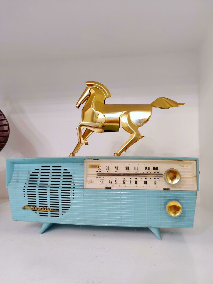 Radio vintage que he comprado hoy. Queda perfecta con mi figura de caballo de segunda mano