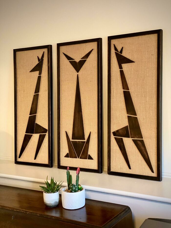 I Made A Reproduction Of Pete Campbell’s Triptych Giraffes From Mad Men Out Of Birch And Burlap (I Hope Replicas Are Okay Here)